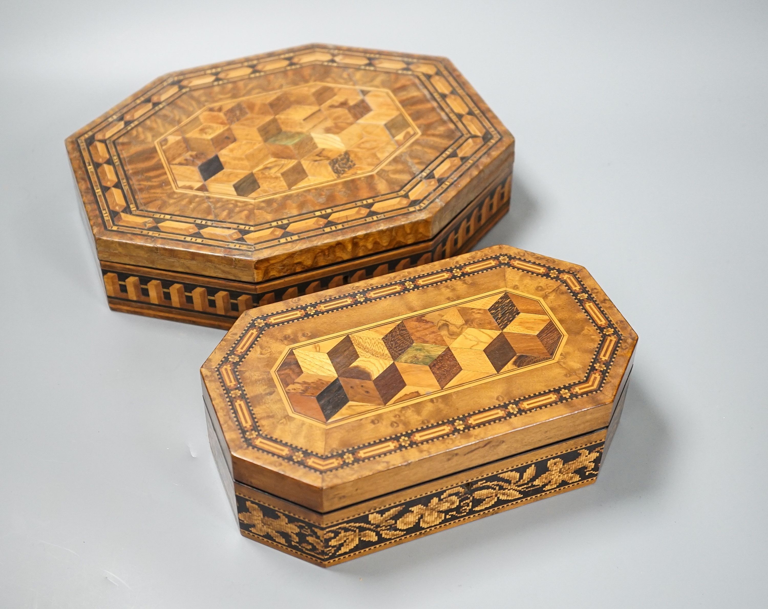 A Tunbridge ware perspective cube marquetry Hungarian ash sewing box by Edmund Nye, 27 cm and a Tunbridge ware perspective cube marquetry and tesserae mosaic Birdseye Maple box by Thomas Barton, 21.5 cm (2)